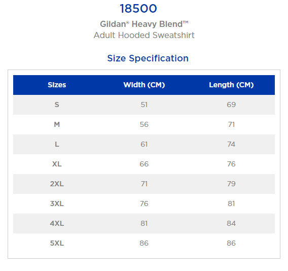 Gildan 18500 Size Chart
